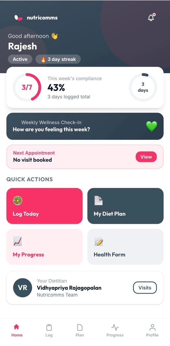 The nutricomms app home screen showing weekly progress, check-in and quick actions